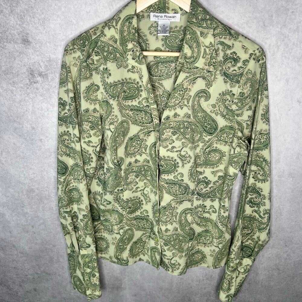 Vintage Rena Rowan Paisley Button Down Green Blouse Large Boho